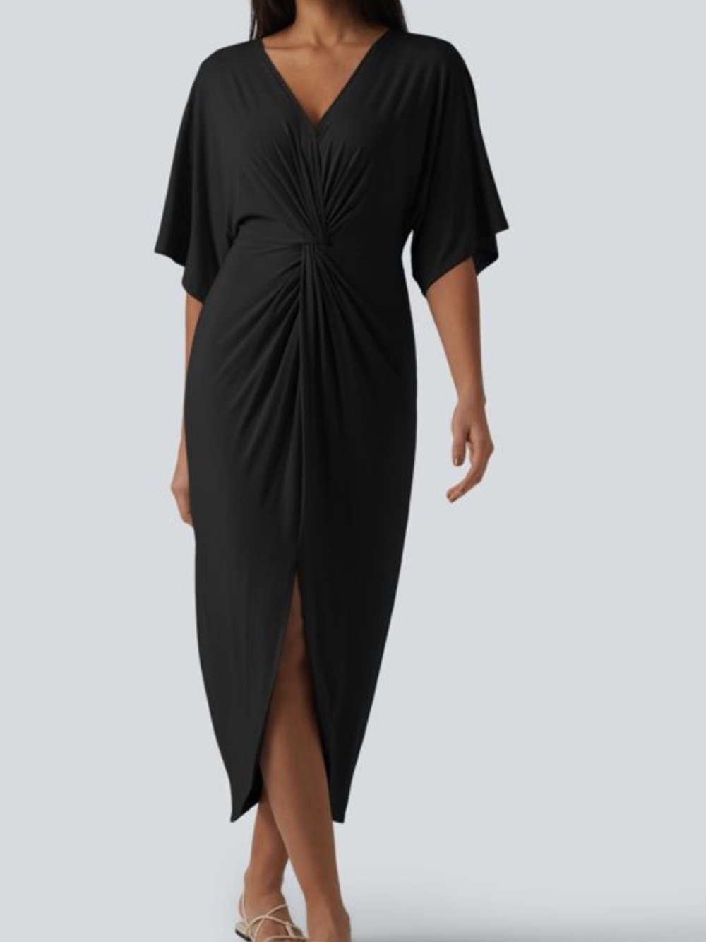 NWT Halara V-neck Batwing Sleeve Twisted Tulip Hem Midi Casual Dress Sz L Black